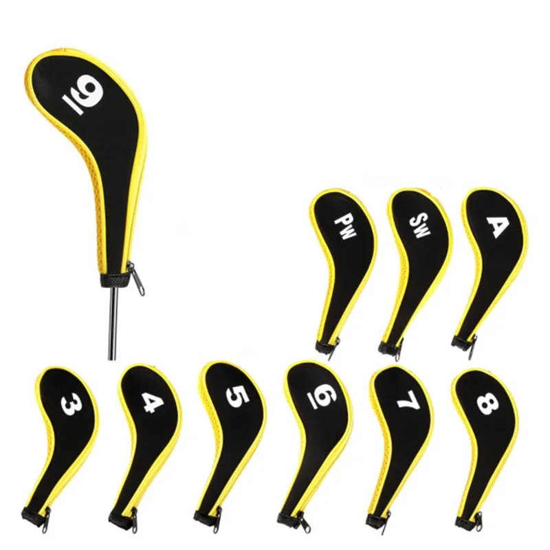 Number Print Golf Club Irons Covers Neoprene Zippered Driver Head Cover With Long Neck-Set Of 10,Yellow