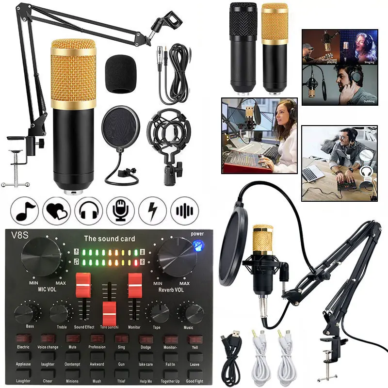 

BM800 XlR Microphone Articulated Arm V8 Live Sound Card Podcast BM 800 Condenser Professional Studio Record Equipment Soundcard