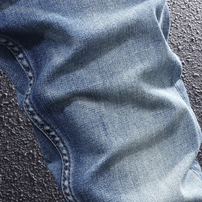 

Y2K Street Designer Fashion New Men's Jeans, Washed Nostalgic Stretch Slimming Light Blue Jeans, Retro Embroidered Pants, Hombr