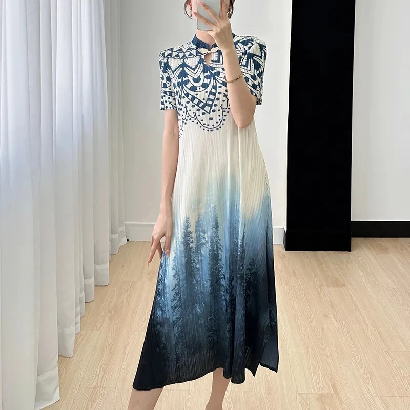 Fashion Printing Fold Dress Female 2024 New Summer Dresses Medium Length Loose Slim Improved Cheongsam Women's Dress Sundress