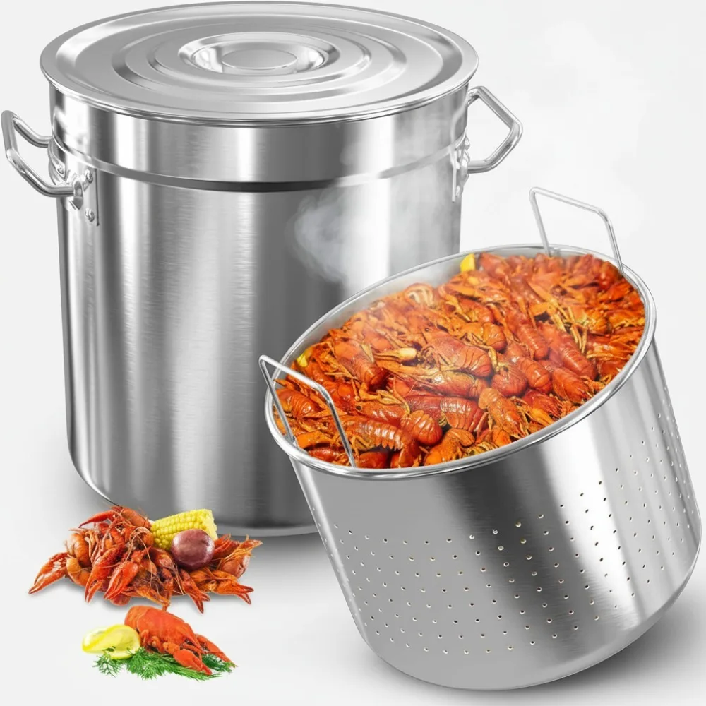 

36-Quart Stainless Steel Seafood Boil Pot with Strainer, Commercial Outdoor Cooking for Crab Lobster Turkey Fryer