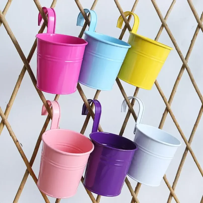 Iron Hanging Flower Pot Balcony Planter with Detachable Hook Solid Color Herb Pot for Indoor Windows Garden Fence Railing