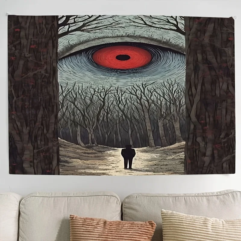 Handcrafted Tapestry Featuring a Haunting Red Eye and Dark Woods for Unique, Eerie, and Mysterious Home Decor