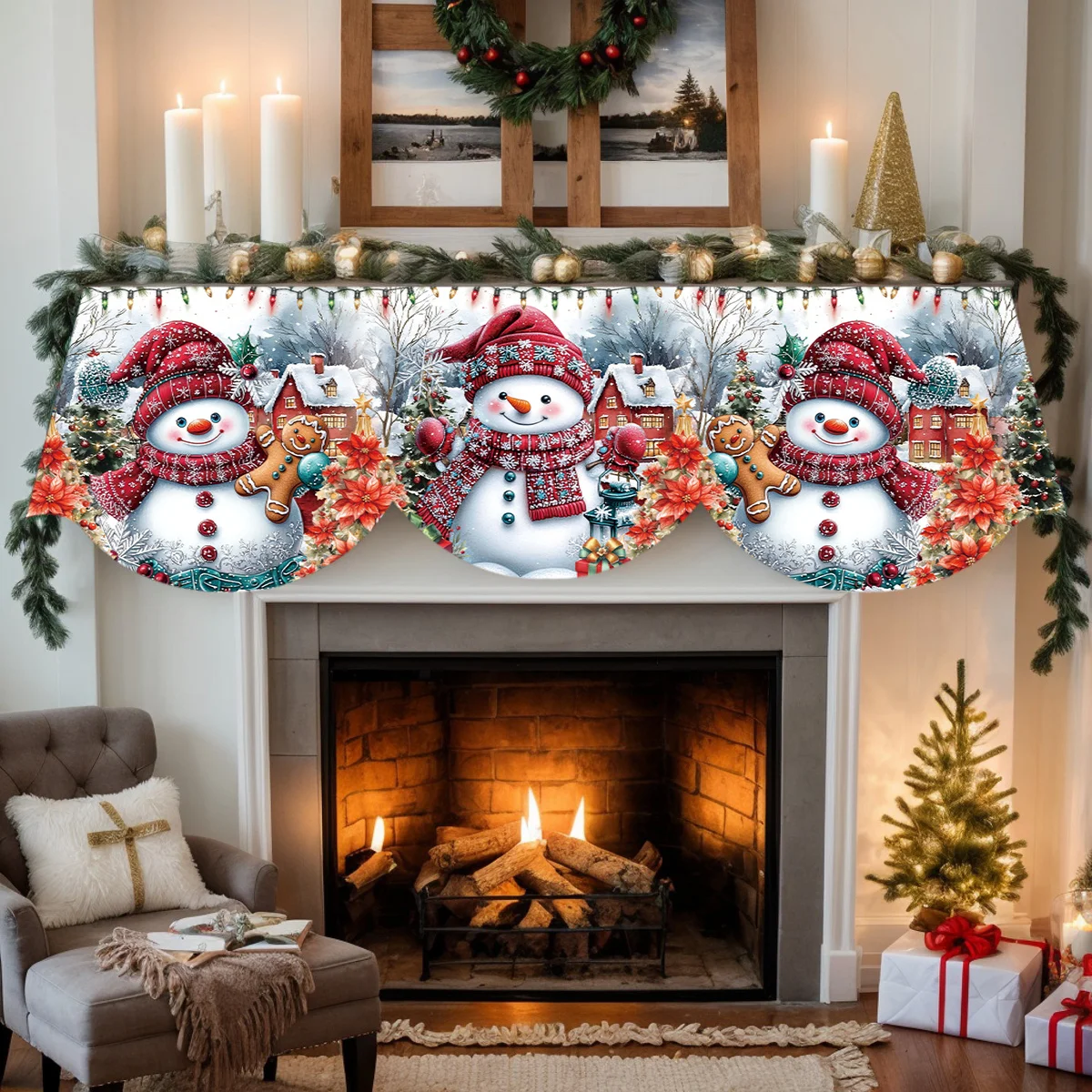 Christmas Fireplace Mantel Scarf Gingerbread Man Snowman Mantel Topper Xmas Fireplace Shelf Cover Winter Holiday Indoor Decor