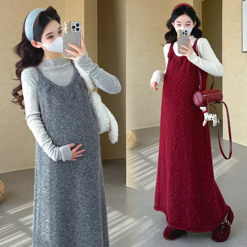 Maternity Suit Autumn Winter Knit Spaghetti Strap Maxi Dress And Long Sleeve Turtleneck Top Two Piece Set For Pregnant Women