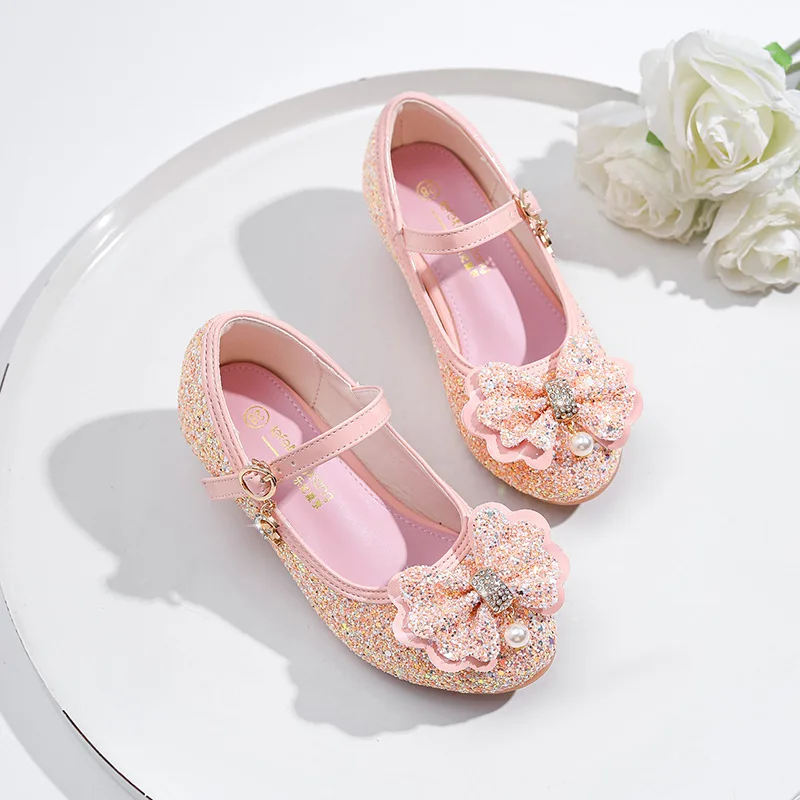 Girls Crystal Princess Heels 2026 New Pink Bow Dress Pumps Block Heel Kids Catwalk Flexible Soft Sole Leather Shoes Pageant