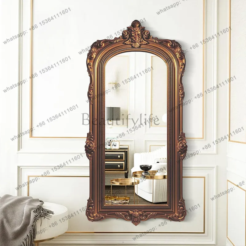 

American luxury dressing fitting mirror light luxury carved wall-mounted full body European entrance floor mirror