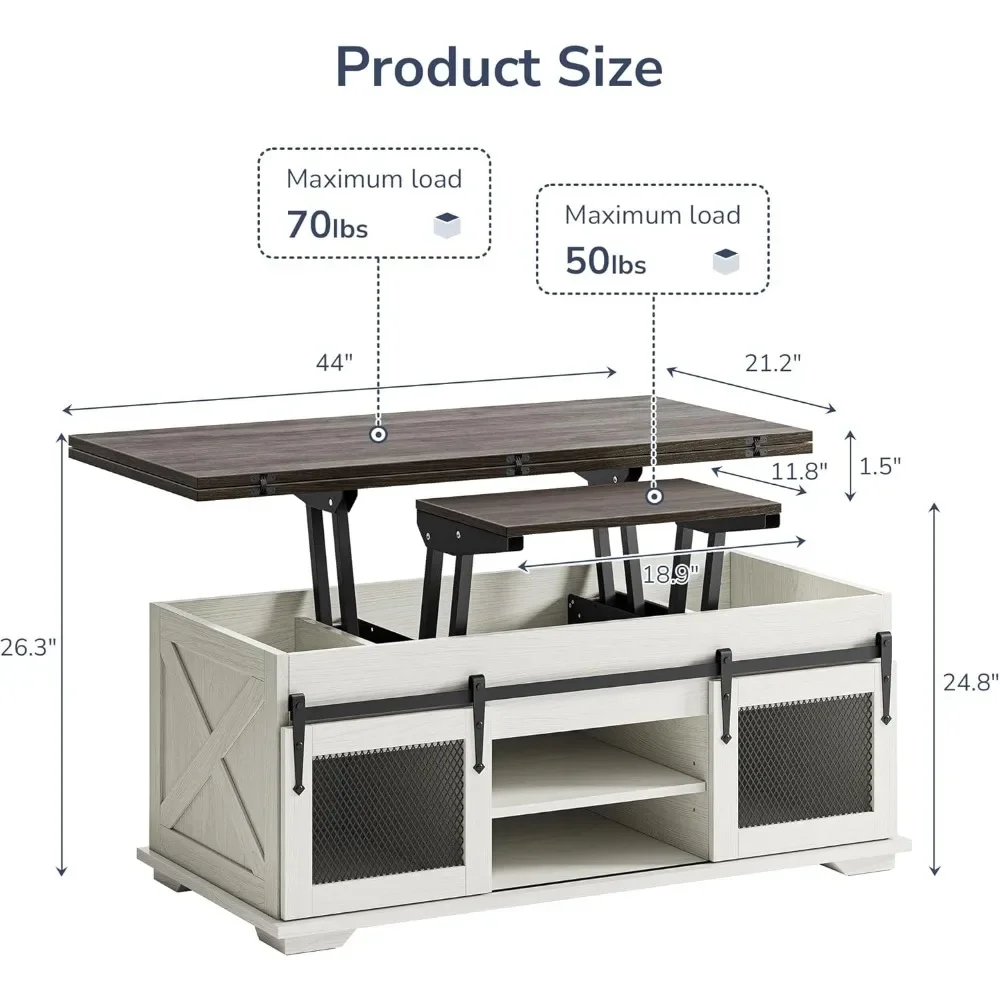 Mesa de centro elevatória, fazenda de 44" com portas de celeiro e armazenamento e deslizantes, mesa de centro multifuncional 3 em 1 para sala de estar