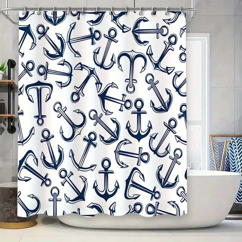 

Nautical Anchor Print Shower Curtain Blue White Bath Decor Polyester Fabric for Bathroom Decoration in Home Garden