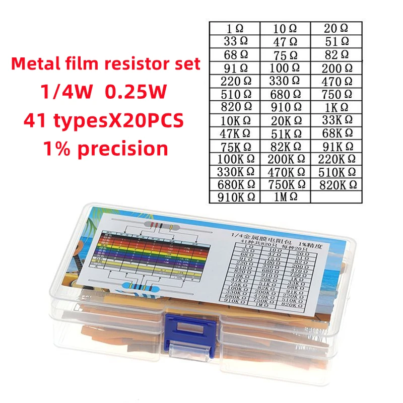 Metaalfilmweerstandskit, 1/4W Weerstand, 30 Weerstandswaarden, 41 Weerstandswaarden, 130 Weerstandswaarden, 0.25W, 1% Precisie