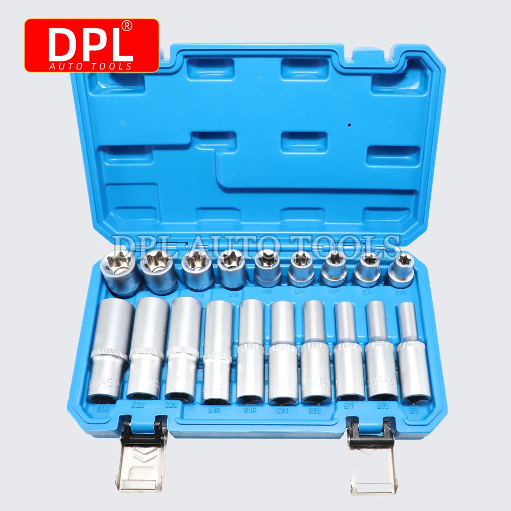 19 Pcs E Torx Star Deep Long Socket Set 1/2in Drive for Car Short and Long Hexagonal Sockets