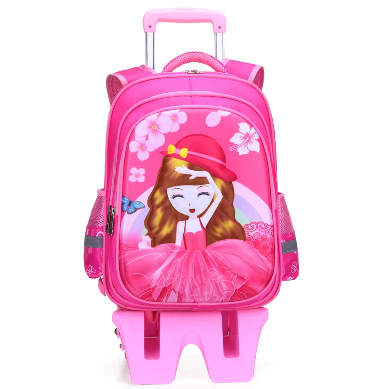 Trendy Youthful Cartoon Girl Student Reduce burden School Trolley Bags Unisex Oxford Waterproof Wheeled Rolling Backpacks