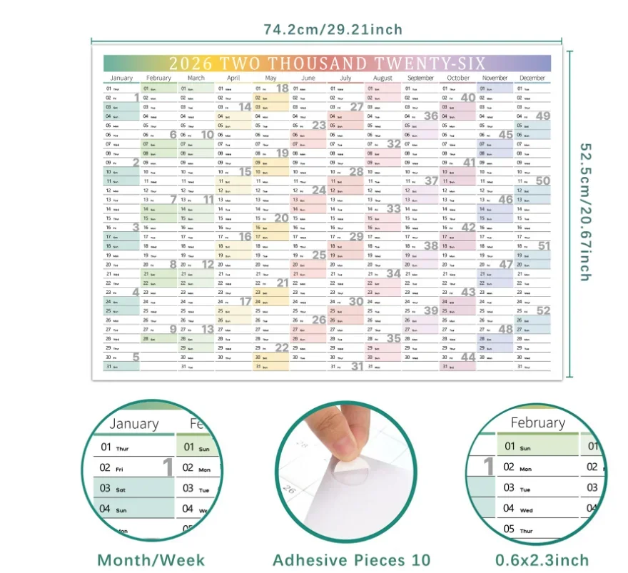 تقويم حائط ملون لعام 2026 مع 365 ملصقًا |   مخطط السنة، مذكرة ومنظم الجدول الزمني