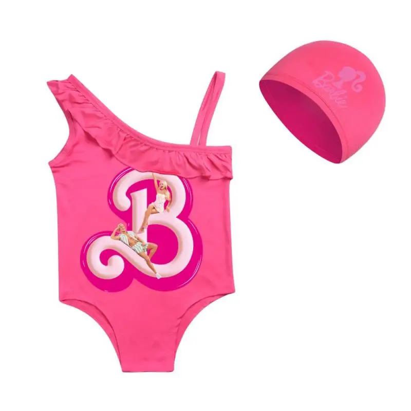 Kawaii Anime Barbie Kids Swimsuit Swimcap Set Cartoon Summer Conjoined Body Breathable Comfort Swimwear Girl Children Gift