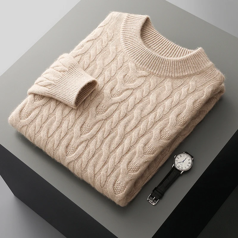 

Men's Thick Wheat Ear Jacquard Round Neck Pullover Sweater 100% Merino Wool Knitted Sweater Casual Warm Clothing Autumn Winter
