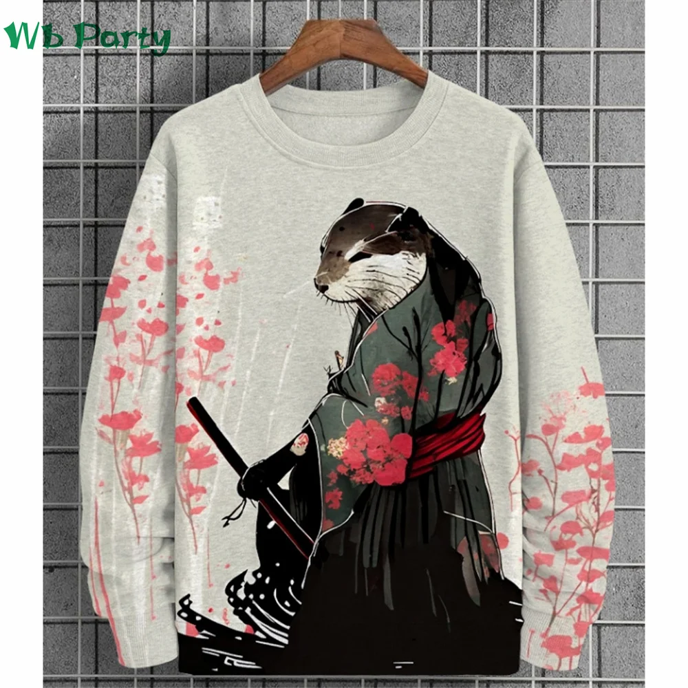 Fashion Animal Print Men\'s Clothing 3D Print Ukiyo-E Men\'s Long Sleeve T-shirt Animal Graphic T shirts Round Neck Mens Clothes