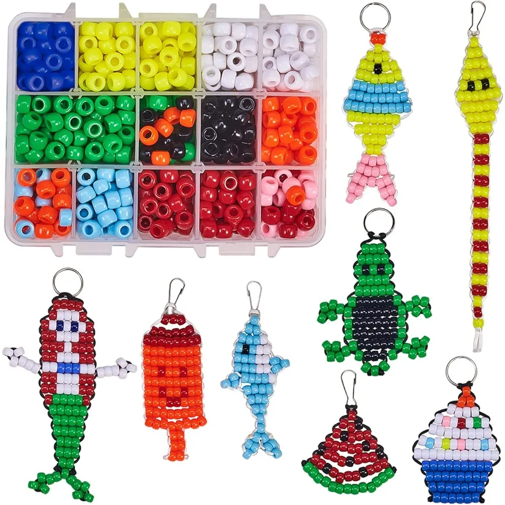 1 Box DIY 8Pairs 620Pcs Bead Pets Kit 8mm Large Pony Beads Assortment Box Set with Keyring & Key Clasp Polyester Cord making kit