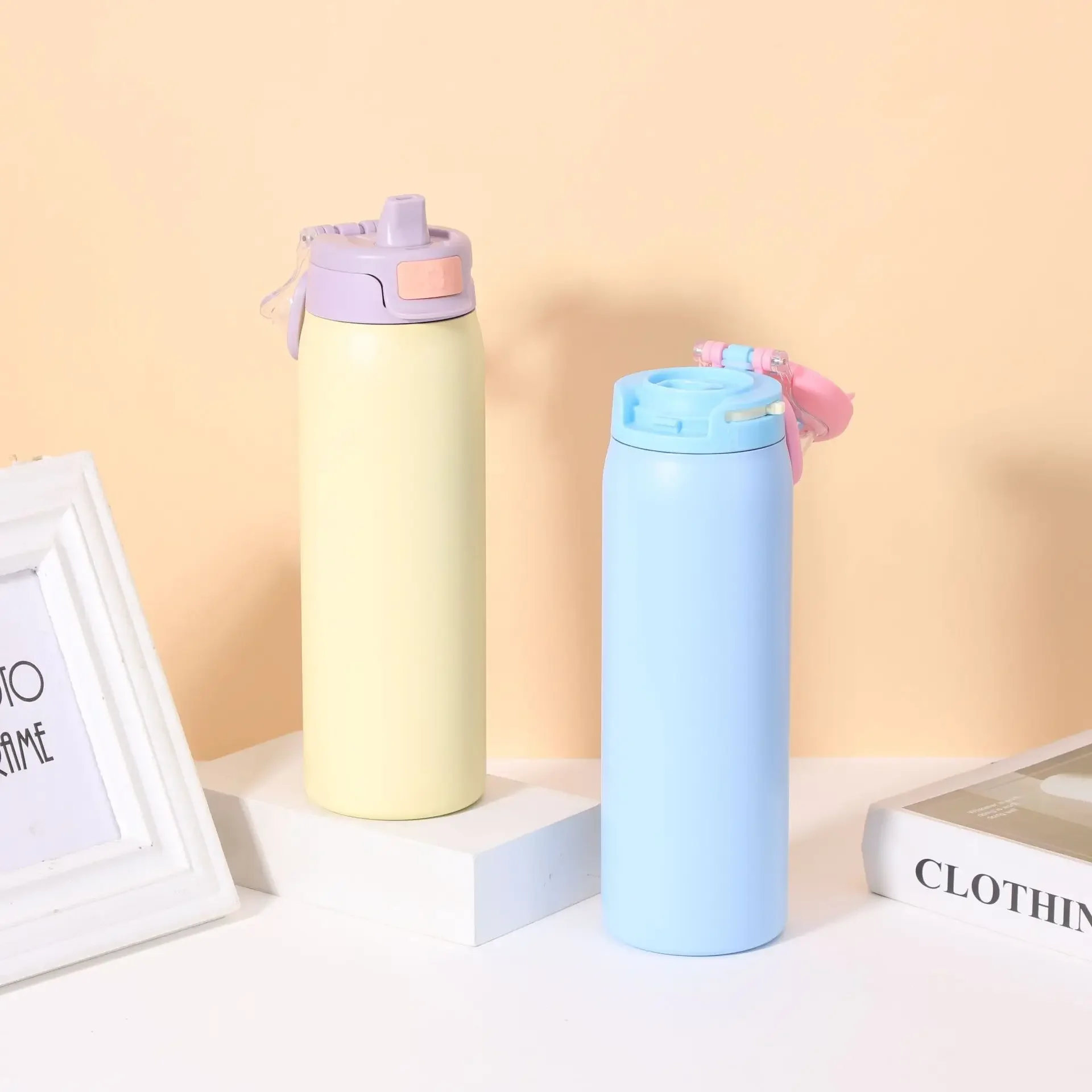 1PCS 650/950ML Thermos Cup Portable Mug Straw Cup Vacuum Flasks Stainless Steel Travel Thermal Water Bottles