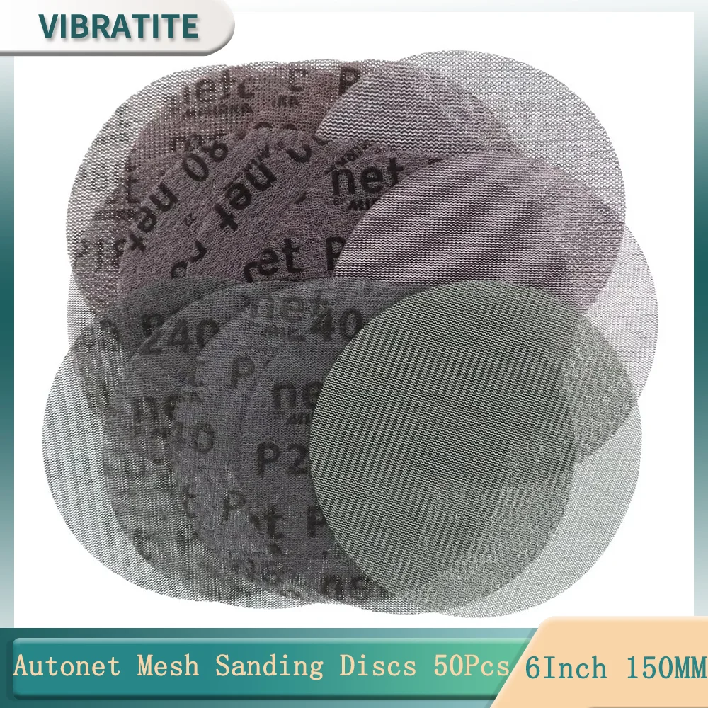50 Uds. Discos de lijado de malla Autonet de papel de lija de 6 pulgadas y 150mm 80/120/180/240/320 granos sin polvo antibloqueo para moler madera Metal