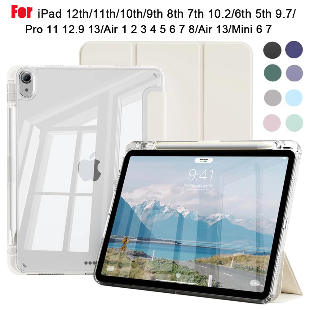 Crystal Clear Case For iPad 5 6 7 8 9 10 11 12 Air 11 13 inch Mini 6th 7th Gen Pro 11 12.9 3rd/4th/5th/6th Gen Pen Holder Cover