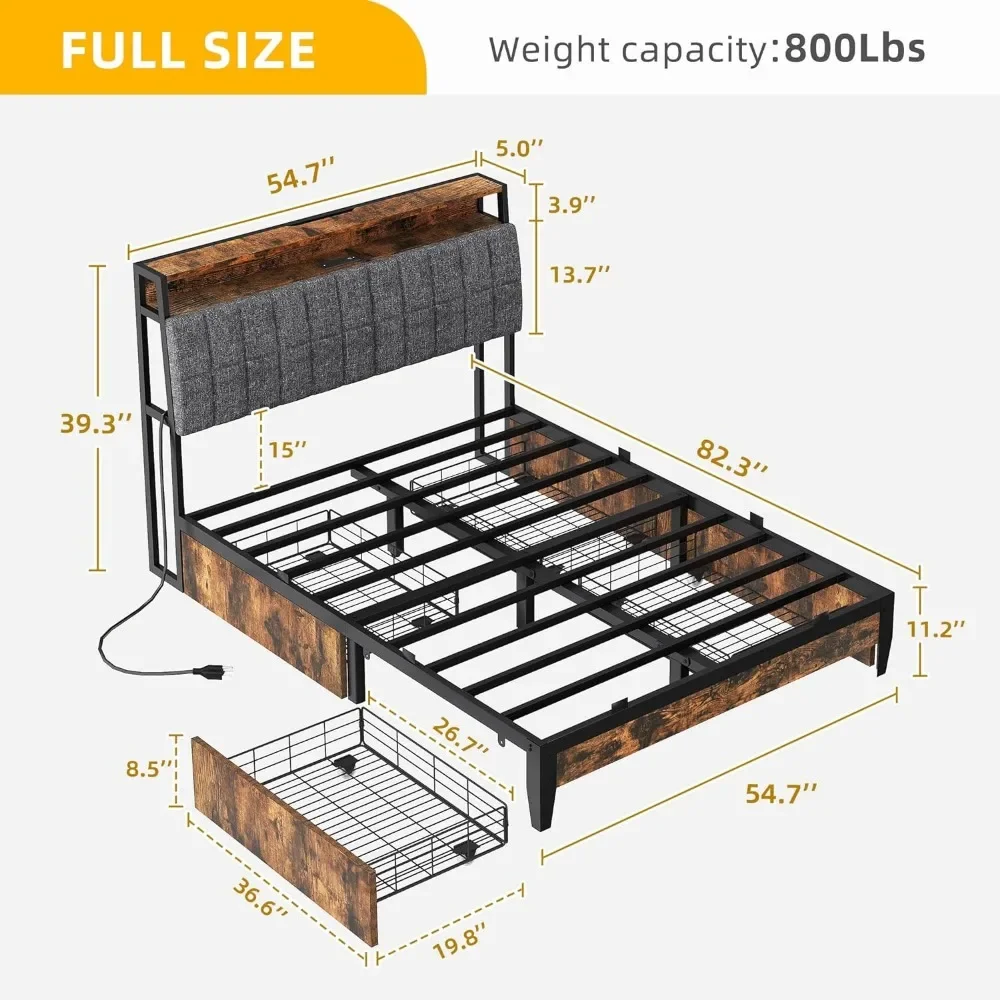 Full Size Bedframe, Gestoffeerd Platform Bedframe Met Laadstation/4 Laden, Opberghoofdeinde Metalen Frame Houten Latten