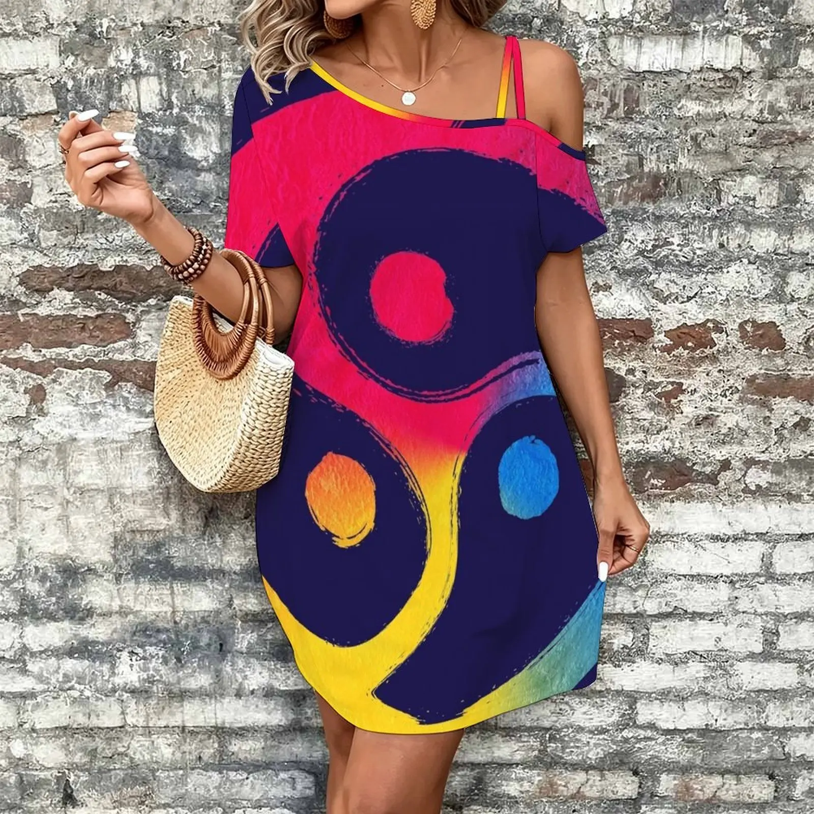 BDSM Triskelion Pansexual Pride Women's Slanted Shoulder Single Strap Short-Sleeved Dress