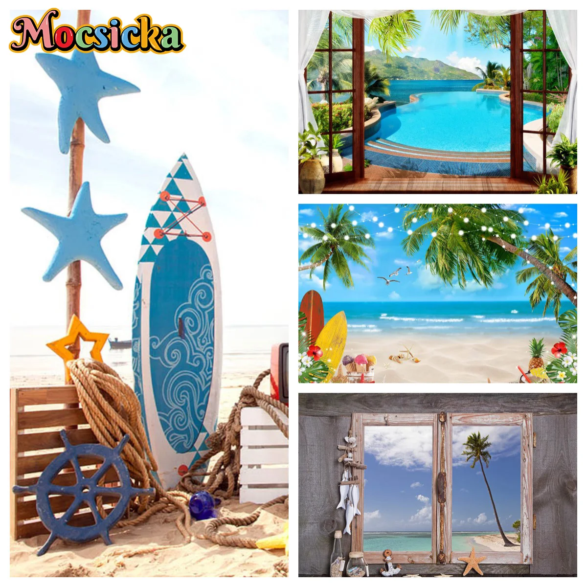 

MOCSICKA Photography Backgrounds Summer Beach Coconut Trees Surfboards Blue Sky Party Decor Backdrop Portrait Photo Photocall