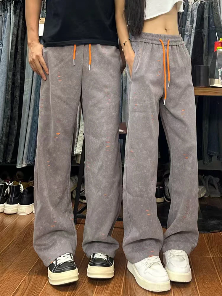 

Мужские спортивные брюки в американском ретро-стиле с эффектом тай-дай, слегка расклешенные, осенние, повседневные, свободного кроя, в стиле кэжуал