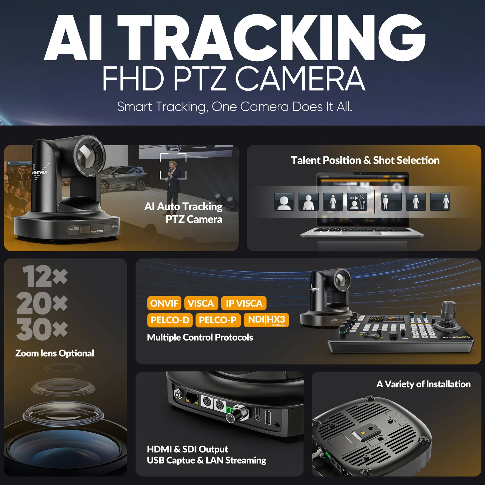 Avmatrix EAGLE P12A/20A/30A AI Auto Tracking 12X 20X 30X Optical Zoom Lens NDI PTZ Live Streaming Camera With HDMI & SDI Output