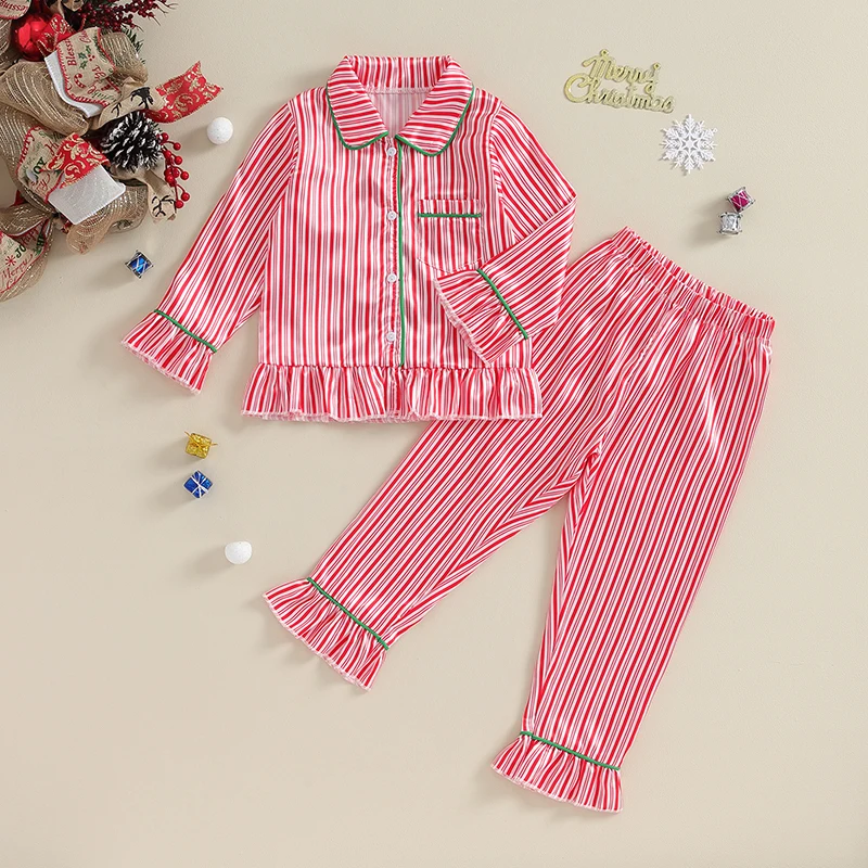 

Kids Girls Autumn Satin Pajama Sets Long Sleeve Lapel Shirt + Striped Print Pants Loose 2 Pieces Sleepwear