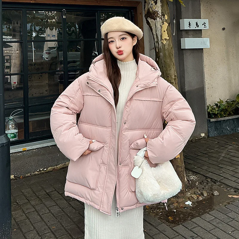 

Winter Women's Padded Jackets Big Pockets Zipper Fly Loose Fit Hooded Lady's Quilted Coat Thermal Puffer Jacket For Female