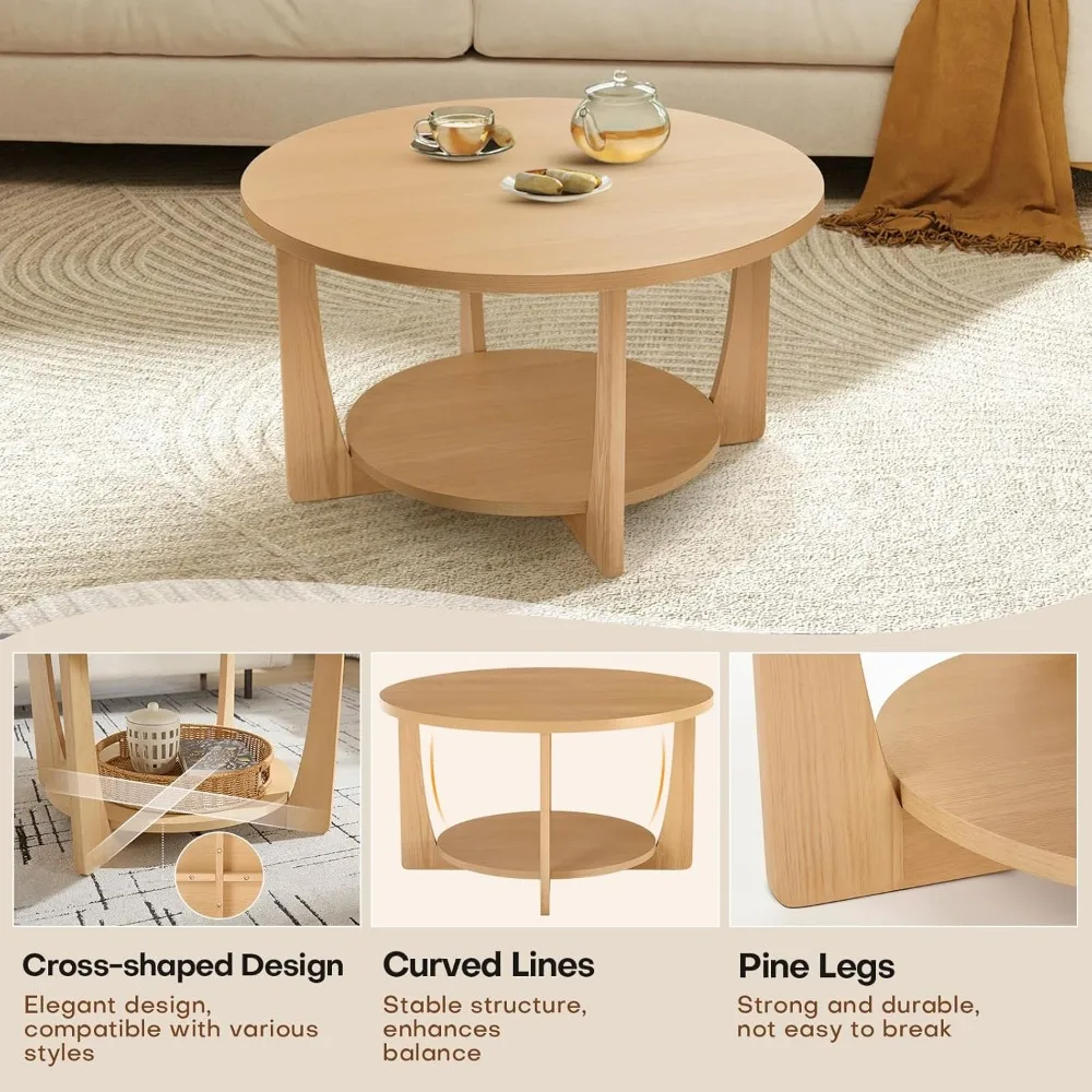 31.5'' Round Coffee Table with Solid Wood Pine Legs, 2-Tier Boho Wood Coffee Table with Storage Shelf, Small Modern Circle Cente
