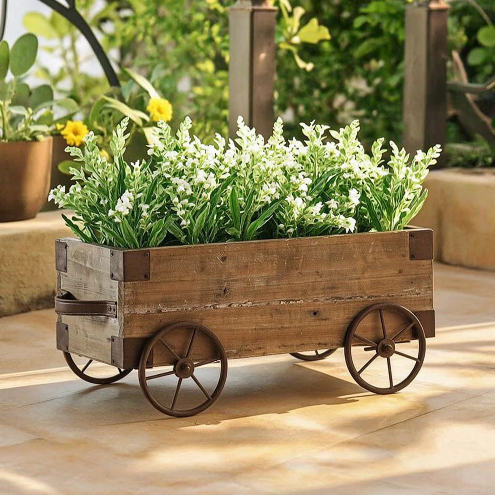 Wooden Wagon Planter Solid Wood Flower Cart with Wheels Cart Planter Sturdy Multi-Purpose for Home Decorators, Patio, Tabletop