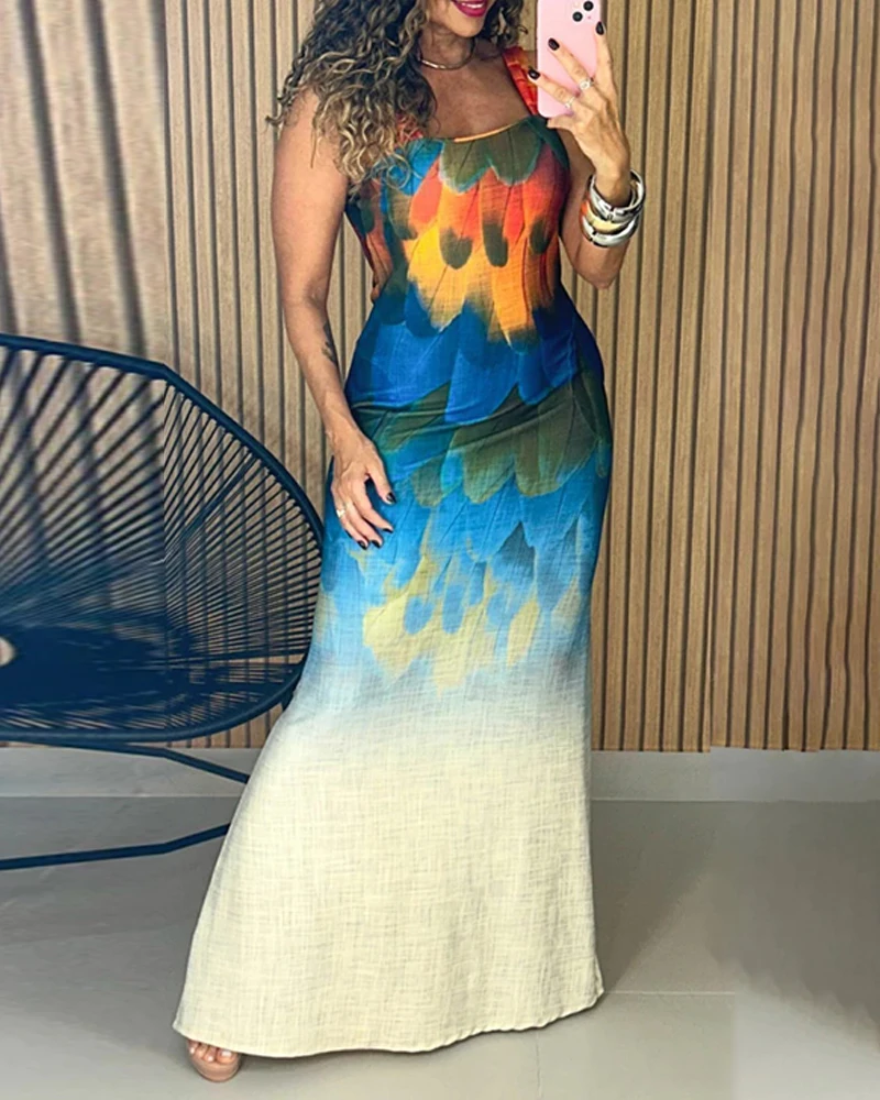 

2025 Print Thick Strap Summer Dress Woman Sleeveless Maxi Dress Casual Slim Fit Slit Dress for Women Elegant Women's Midi Dress