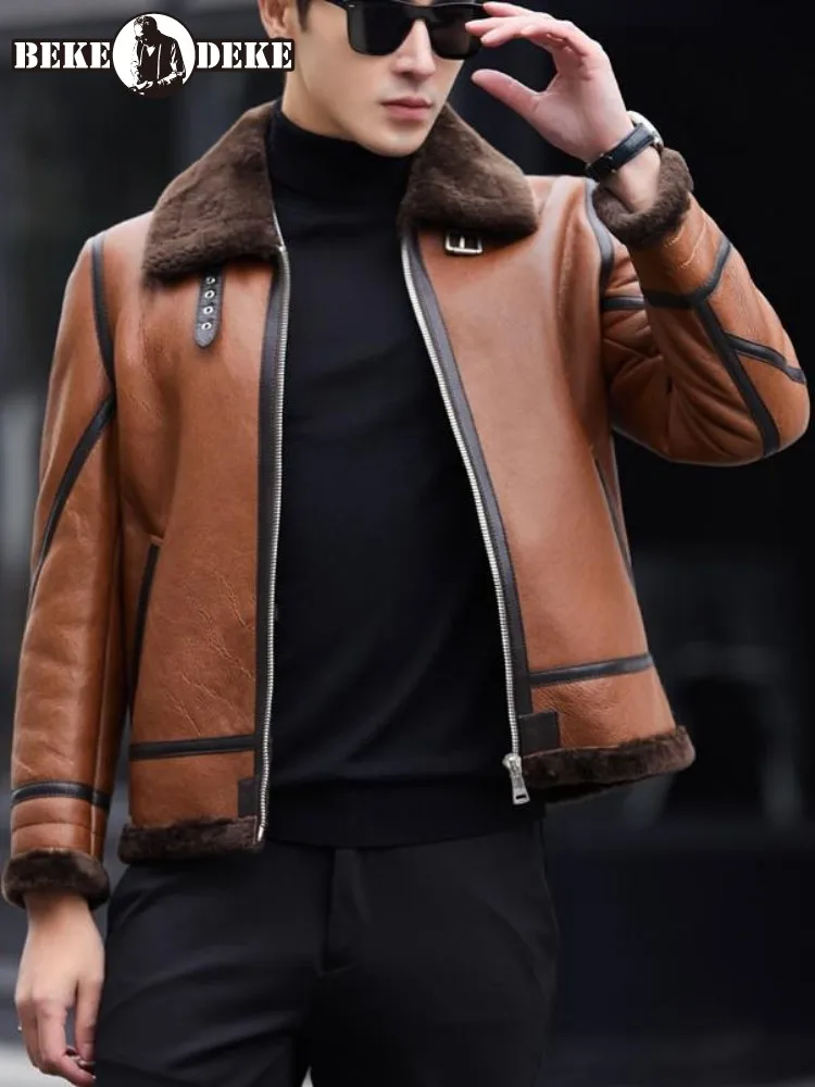 Business Casual Turn Down Collar Pockets Genuine Leather Jacket Solid Color Zipper Sheepskin Male Long Sleeves Outerwear