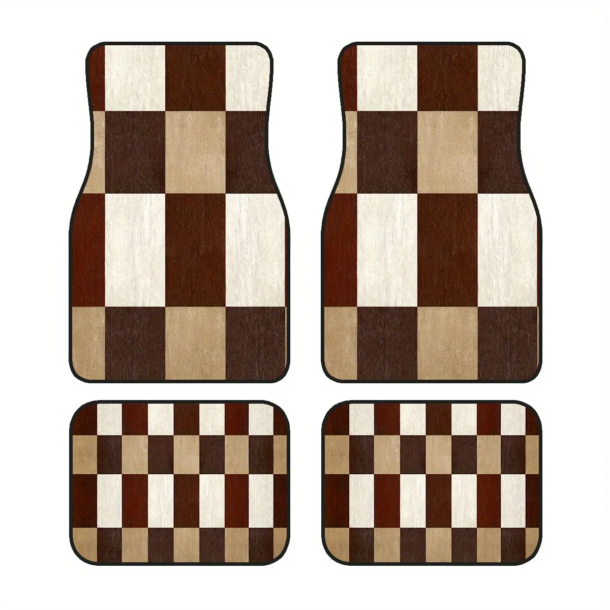 Set Of 4 Brown Checkered Car Mats, Featuring A Printed Design, Perfect For Gifting To Car Enthusiasts