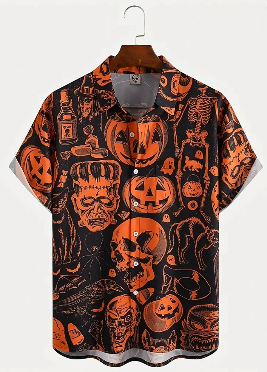 2024 New Halloween Skull Pumpkin Hawaiian Shirt Cartoon Print Shirt Men Adult 3D Printing Holiday Party Halloween