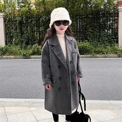 Girls Woolen Coat Overcoat Jacket Windbreak Outerwear 2024 Gray Thicken Winter Warm Snowsuits Christmas Gift Children's Clothing