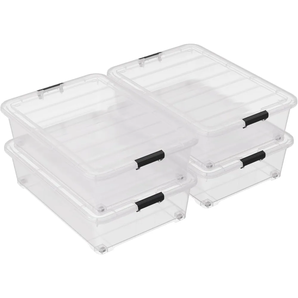

50 Quart Multipurpose Under Bed Storage Container Bins with Secure Latch Lid & Wheels, Underbed Storage Organizer Box, 3-Pack, C
