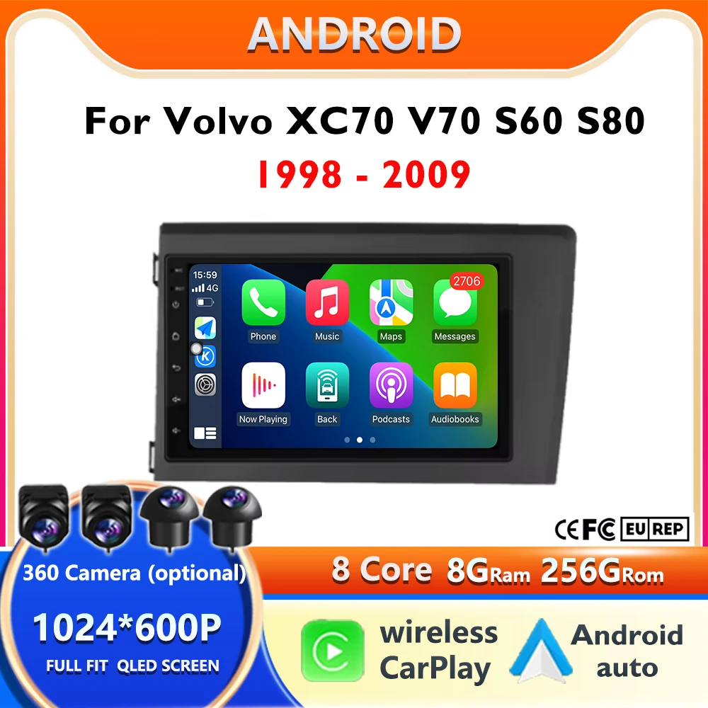 

WIFI 7" 4G Carplay Auto Android 14 Radio Navigation GPS Multimedia Video Player BT For Volvo XC70 V70 S60 S80 1998 - 2009 Car