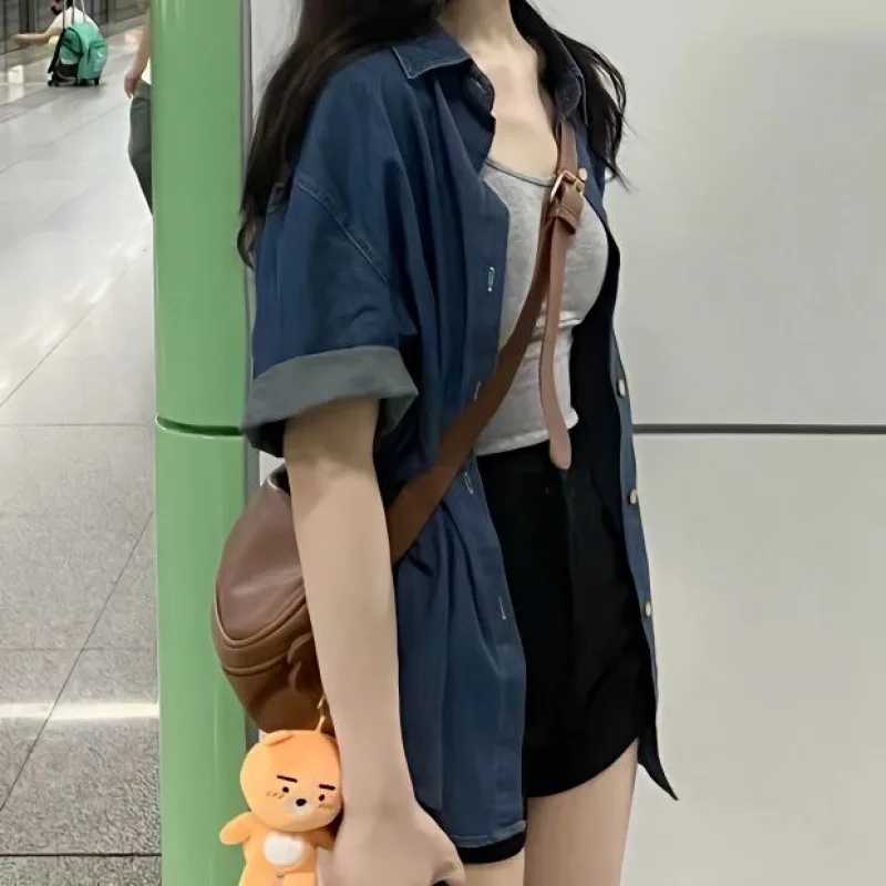 

Summer Thin Denim Short Sleeve Shirt Women's Loose Design Vintage Hong Kong Style Half Sleeve Top Coat Cleanfit Yangjing Brand