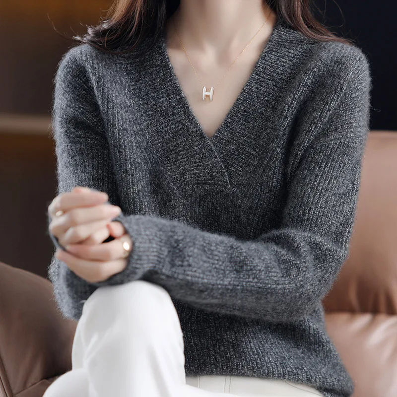 Office Lady Fashion Simple Loose Wool Knitted Pullovers Autumn Winter Vintage Comfortable Soft Thick Sweaters