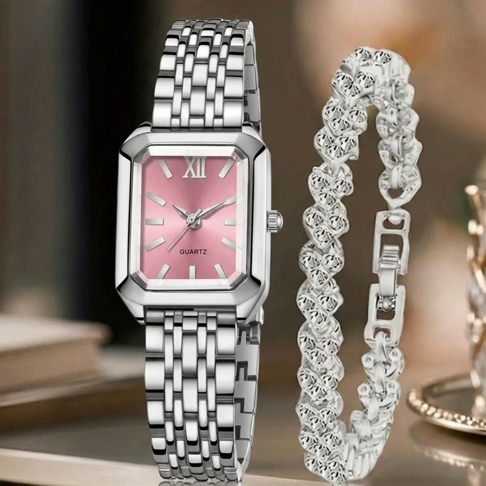 2Pcs/Set Unisex Jewelry Watches Women's Wristwatch Accessories Silver Pink Trendy Fashion Elegant Classic Exquisite Light Luxury Simple Luxurious Bracelet Watch Set Y2K Suitable for Daily Outfits Travel Perfect Holiday Gift
