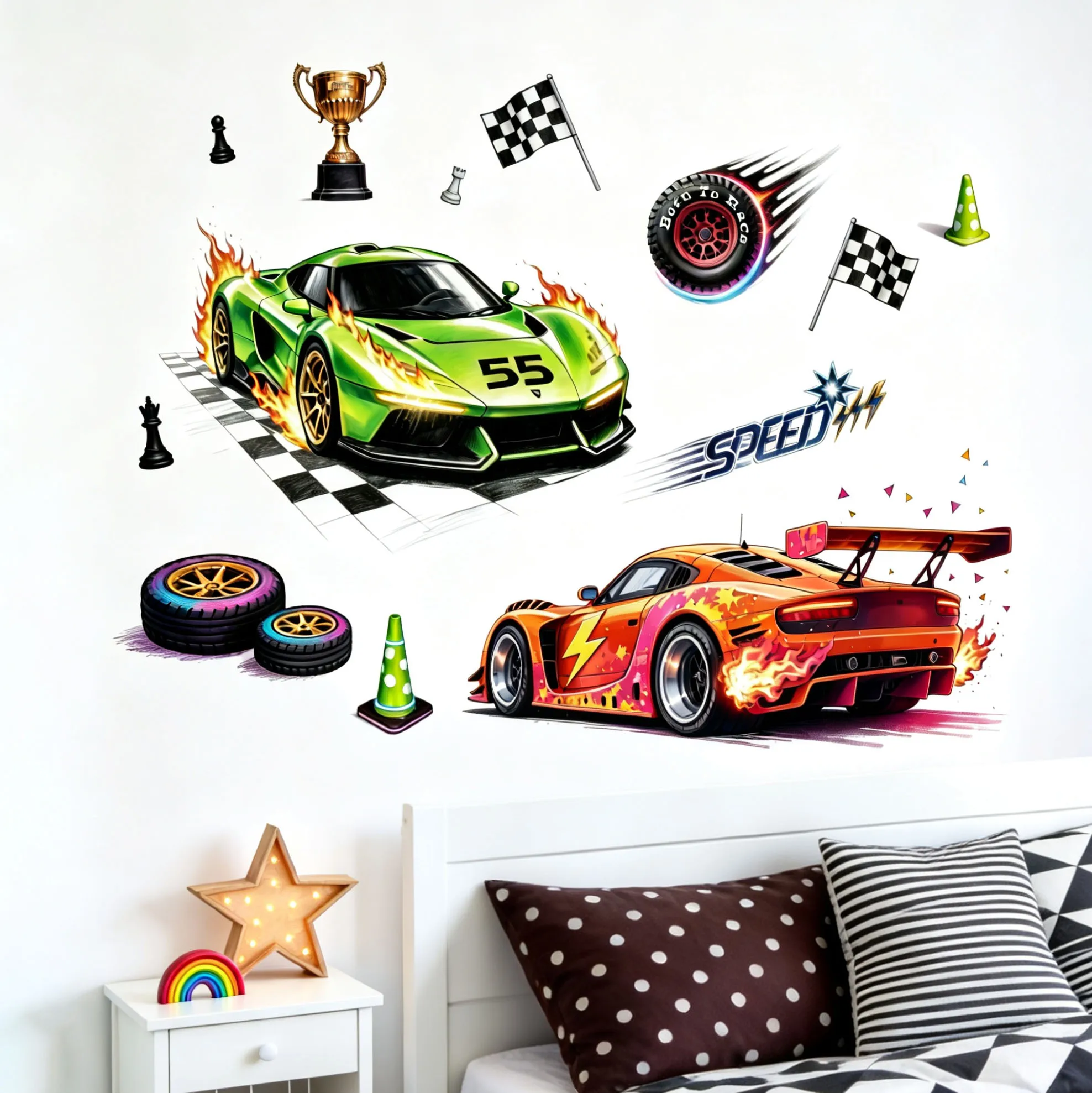 Racing Car Wall Stickers Green Orange Sports Race Car Flame Checkered Flag Trophy Tire Wall Decals Removable Boys Bedroom Playro