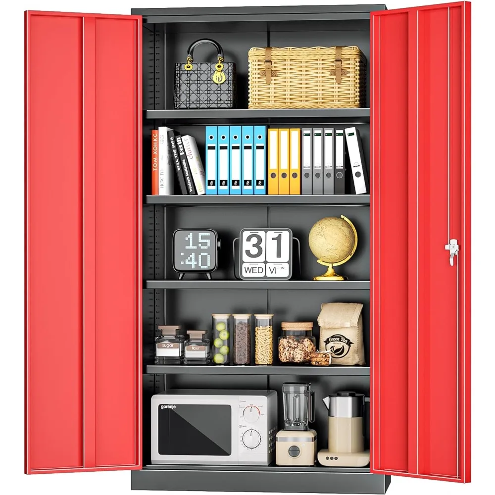 

Metal Garage Storage Cabinet, Black Lockable File Cabinet with 2 Doors and 4 Adjustable Shelves, Tall Steel Tool Cabinets