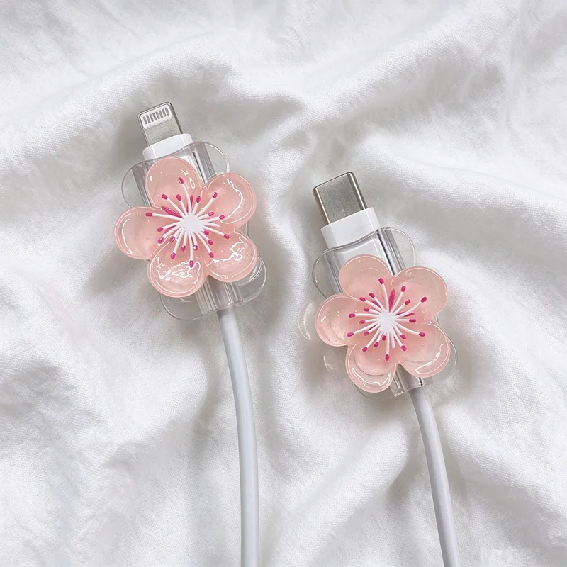 2Pcs Kawaii Sakura Flower Cable Protector Anti-break Cord Cover For iPhone 20W Fast Charger Type-C Data Cable