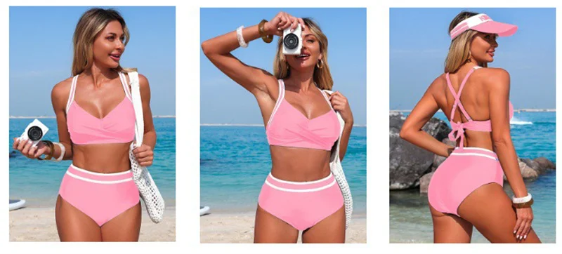 Damen-Bikini-Set mit hoher Taille, Twist-Front und überkreuztem Rücken, zweiteiliger Badeanzug, Retro-Badeanzug mit Bauchkontrolle, Sommer-Strand-Bademode – Detail 5