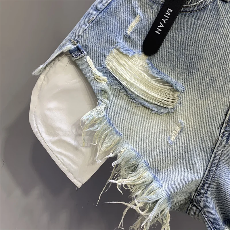 Ripped Denim Shorts Korean Style Female 2024 Summer Patchwork A-line High-waisted Wash Blue Sexy Jeans Street Fashion 4 Color