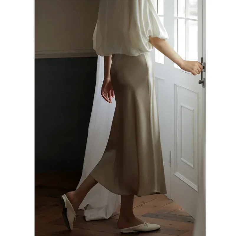 

Elegant Women's Skirts Korean Fashion Satin Silk A-line Skirt Office Black Champagne Long Summer Skirts Woman Fashion 2025