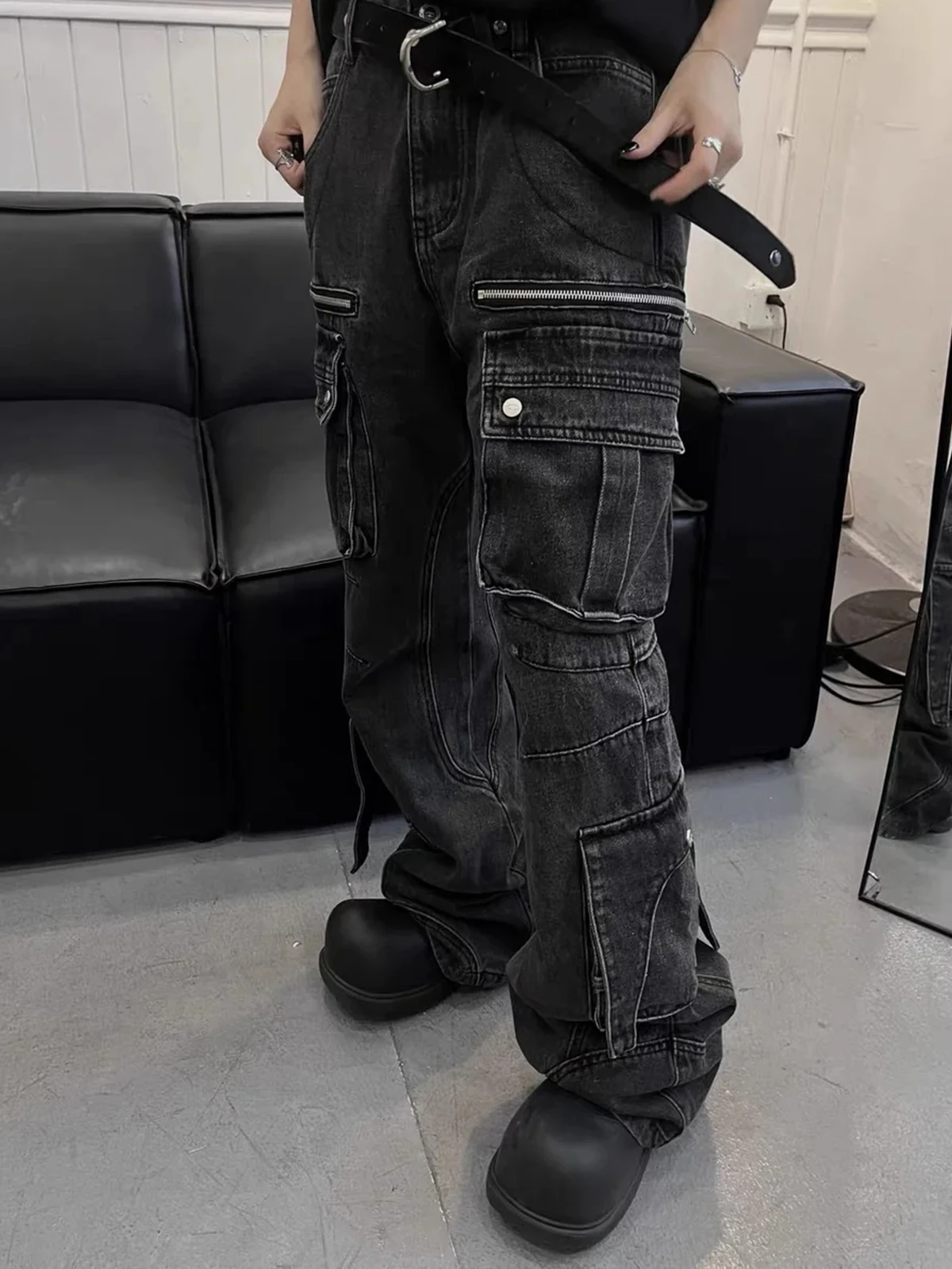 

Heavy Duty Workwear Pants Men's Women's Bell Bottomed Multi Pocket Clean Fit Straight Leg Denim Jeans Casual High Waist Long ...